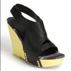 Joe’s Tyra Platform Wedge Sandals Leather Black Yellow RR $185